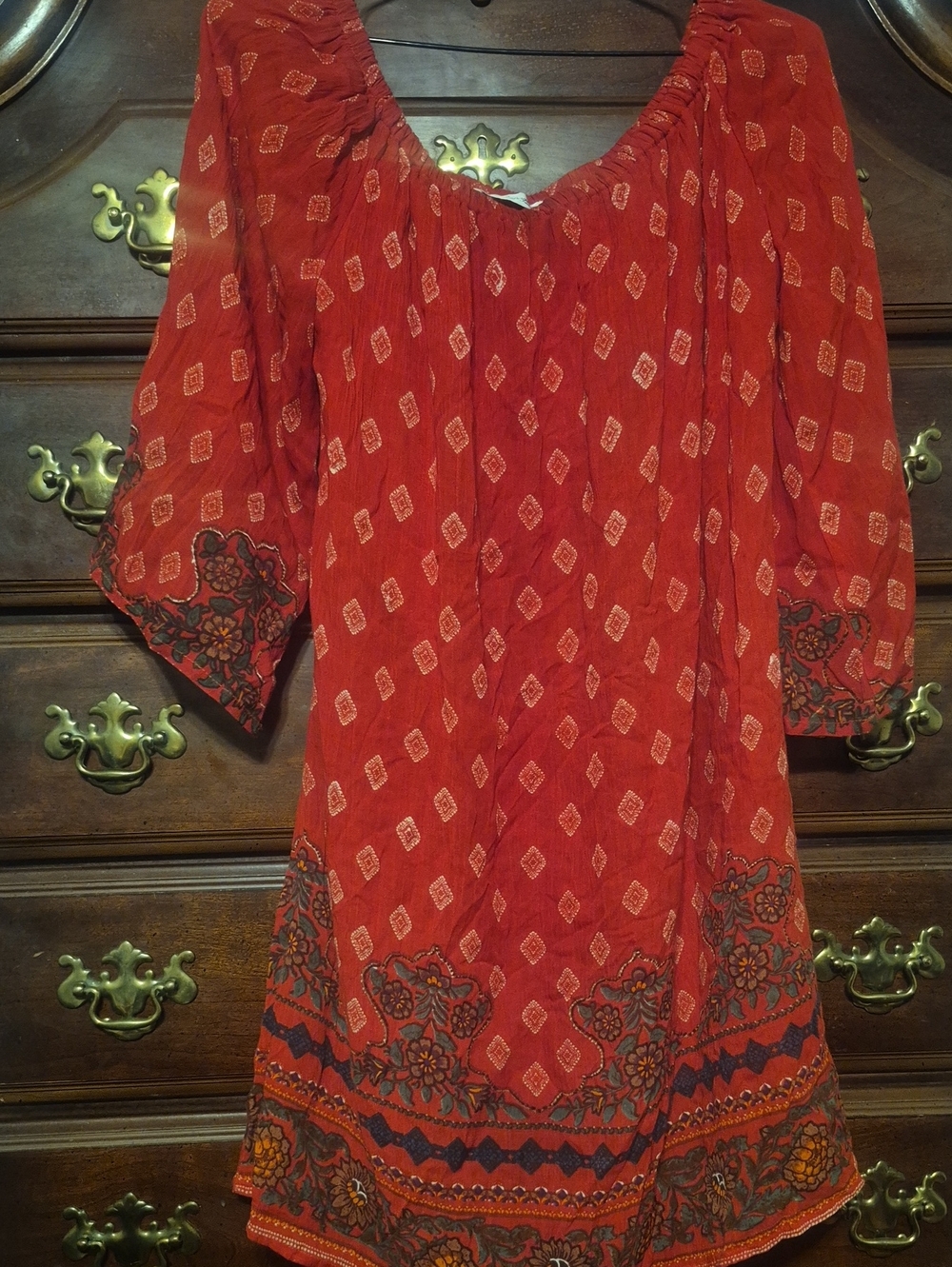 Bohemian Red Tunic Top with Floral Border